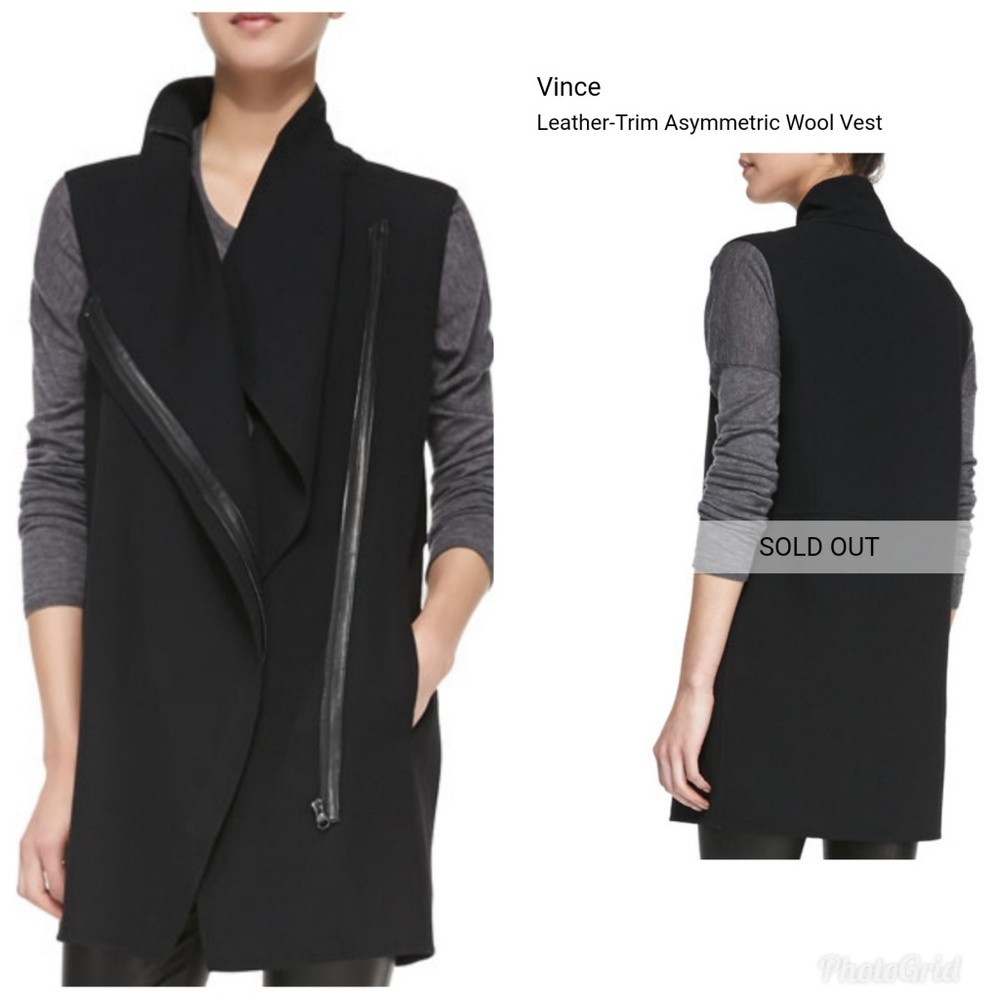 Vince Black Leather-Trim Asymmetric Wool Vest